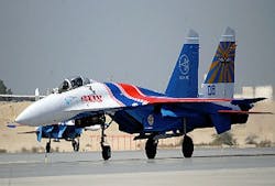 Su-27 jet fighters from the Russian Knights flight demonstration team to appear at Farnborough this week