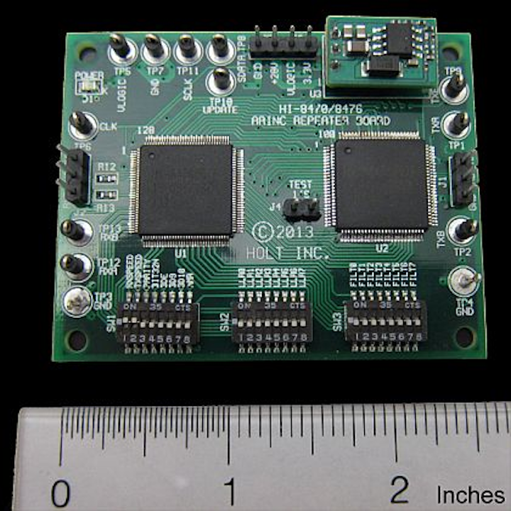 Two-chip ARINC 429 avionics databus repeater for long cable runs introduced by Holt