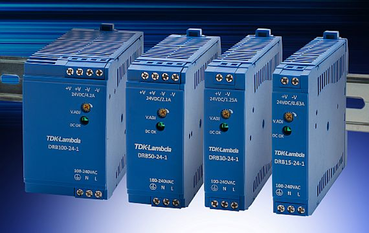 DIN rail power supplies for low-power industrial, automation, and process control offered by TDK Lambda