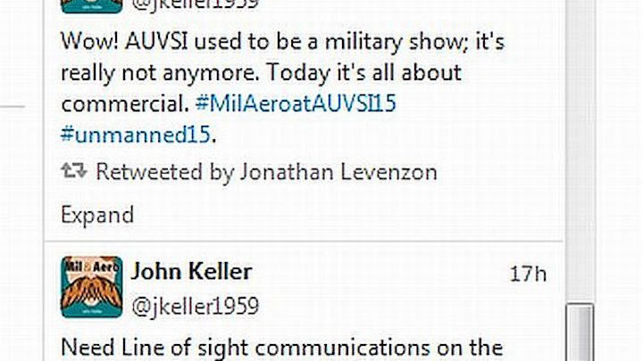 Live twitter feeds this week from AUVSI from Military & Aerospace Electronics and Intelligent Aerospace