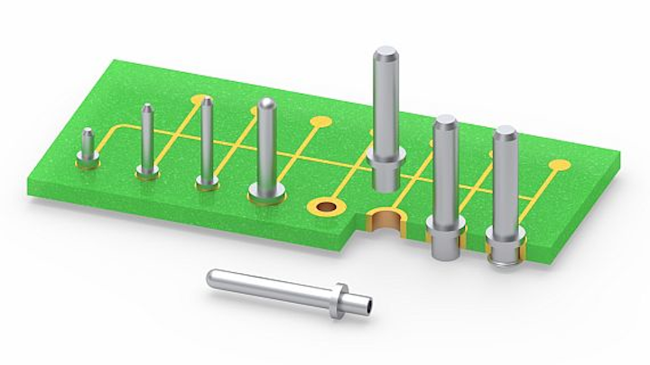 Swage-mount circuit board pins for board-to-board interconnects introduced by Mill-Max