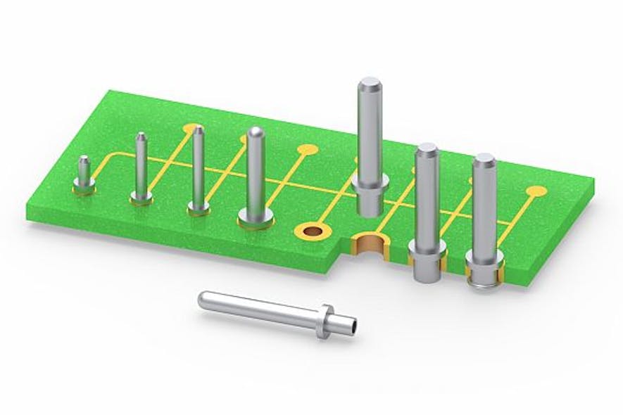 Swage-mount circuit board pins for board-to-board interconnects introduced by Mill-Max