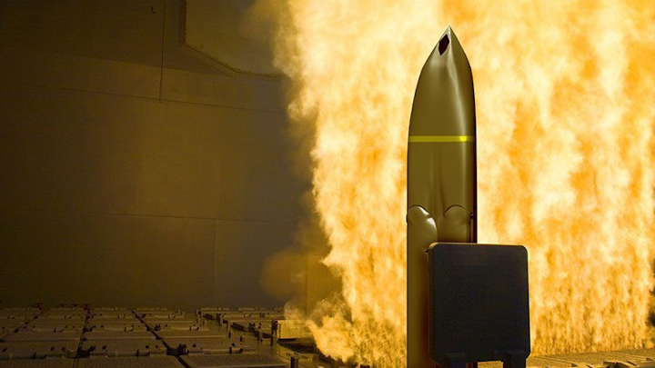 This image represents the new LRASM anti-ship missile firing from a surface warship's vertical launch system.