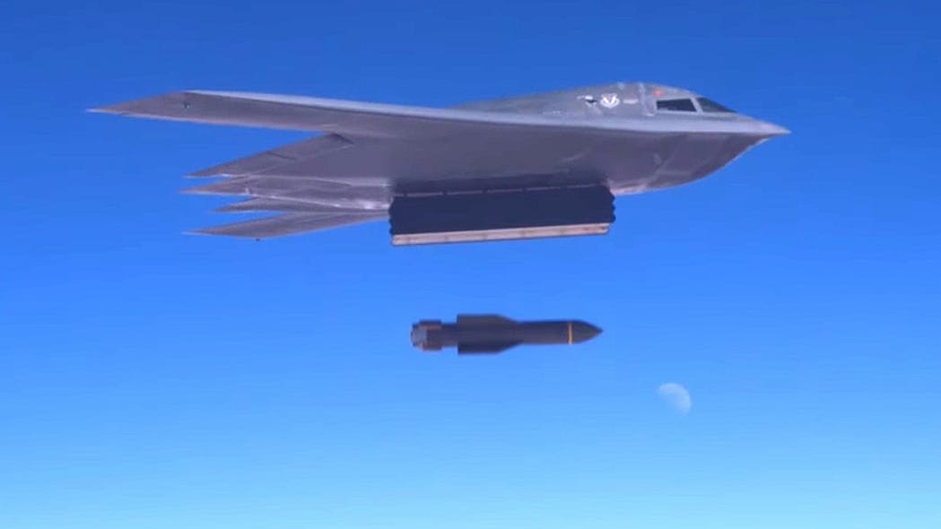 The U.S. Air Force drops a GBU-57 Massive Ordnance Penetrator (MOP) bunker-busting bomb from a B-2 stealth bomber.