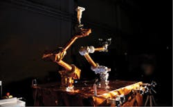 Flight-scale manipulator arms on the robotic operations test-bed (ROTB) for the RSGS robotic payload are on display during the preliminary design review in July 2018. Flight-scale manipulator arms on the robotic operations test-bed (ROTB) for the RSGS robotic payload are on display during the preliminary design review in July 2018.