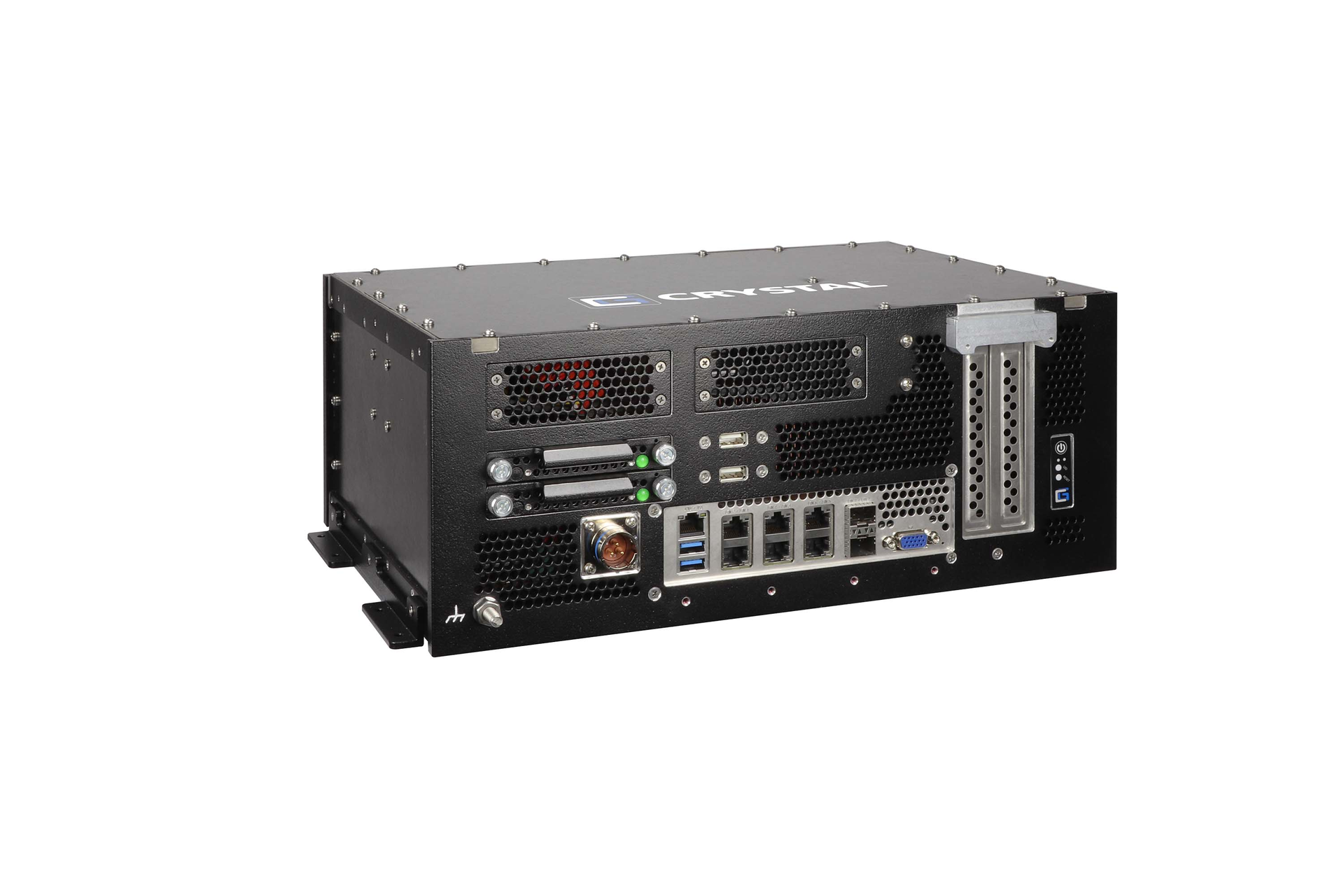 Crystal Group RE1529 designed for airborne/helicopter applications. Bulk head or tray mounted options. Supports full height, half length expansion cards. Offers high volume, high speed network connections.