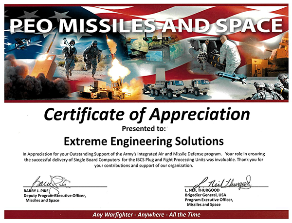 Certificate of Appreciation presented to X-ES by Brigadier General L. Neil Thurgood