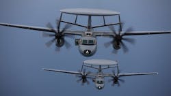 The Navy E-2D radar surveillance aircraft, shown above, is among the aircraft that use Fibre Channel network switches.