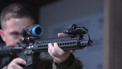 Meggitt Training System’s small BlueRail device can attach to any weapon that has a Picatinny rail mounting platform and, with appropriate adapters, also can support other rail types. Meggitt Training System’s small BlueRail device can attach to any weapon that has a Picatinny rail mounting platform and, with appropriate adapters, also can support other rail types.
