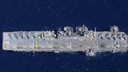 The amphibious assault ship USS America, shown above, may represent a new chapter in aircraft carrier warfare by bringing air power to small relatively inexpensive and maneuverable surface warships. The amphibious assault ship USS America, shown above, may represent a new chapter in aircraft carrier warfare by bringing air power to small relatively inexpensive and maneuverable surface warships.