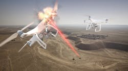 In this Raytheon illustration, a small unmanned aircraft is shot down with a high-energy laser weapon. In this Raytheon illustration, a small unmanned aircraft is shot down with a high-energy laser weapon.