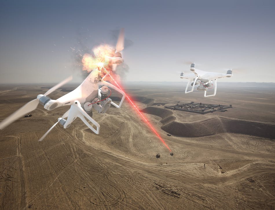 In this Raytheon illustration, a small unmanned aircraft is shot down with a high-energy laser weapon.