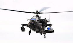 A high-energy laser system is shown above mounted on a U.S. Army Boeing AH-64 Apache attack helicopter during flight tests at White Sands Missile Range, N.M. A high-energy laser system is shown above mounted on a U.S. Army Boeing AH-64 Apache attack helicopter during flight tests at White Sands Missile Range, N.M.