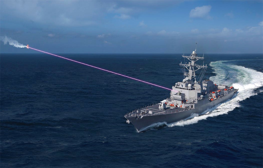 This artist&rsquo;s rendering of the Lockheed Martin High Energy Laser with Integrated Optical-dazzler and Surveillance (HELIOS) depicts the defensive weapon designed to burn boats and shoot down unmanned drones.