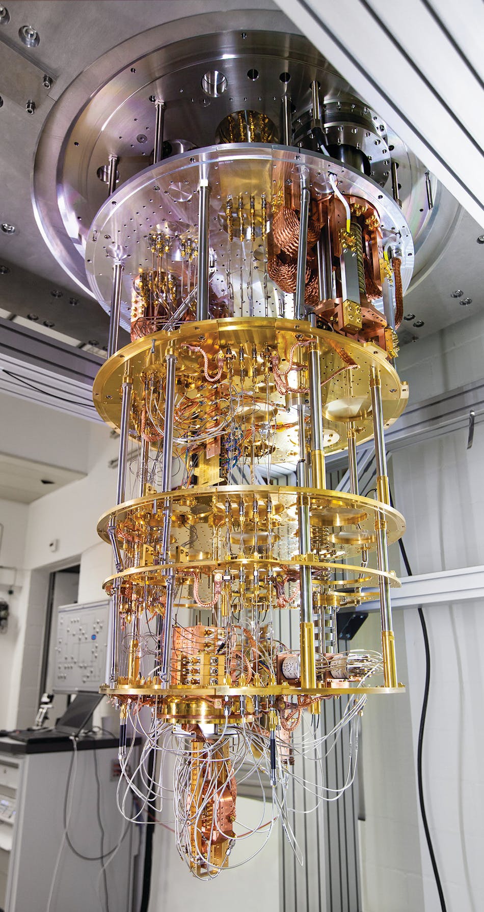 This quantum computer based on superconducting qubits is inserted into a dilution refrigerator and cooled to a temperature less than 1 Kelvin. It was built at IBM Research in Zurich.