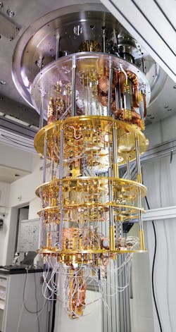 This quantum computer based on superconducting qubits is inserted into a dilution refrigerator and cooled to a temperature less than 1 Kelvin. It was built at IBM Research in Zurich. This quantum computer based on superconducting qubits is inserted into a dilution refrigerator and cooled to a temperature less than 1 Kelvin. It was built at IBM Research in Zurich.