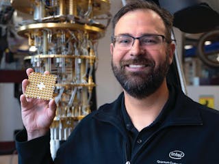 Jim Clark, director of quantum hardware at Intel Corp. in Santa Clara, Calif., shows one of the company&rsquo;s quantum processors.