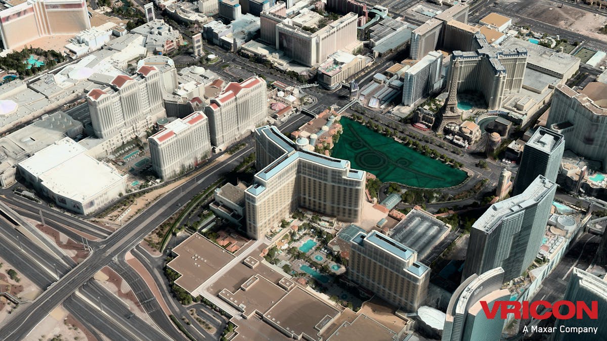 Vricon combines stereophotogrammetry and big data processing to produce its 3D models-like this one of Las Vegas, using real textures and 3-meter absolute accuracy in all dimensions.