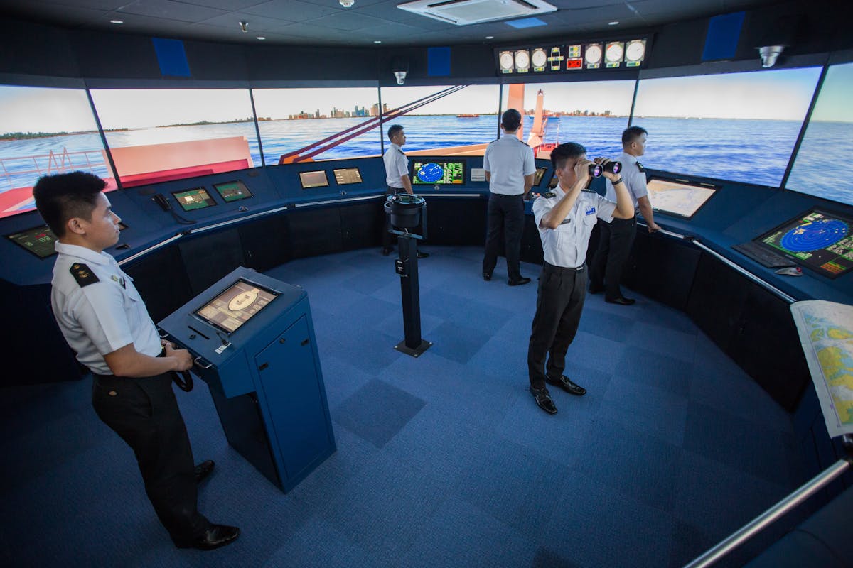 Ocean-going ship bridges are large and complex. To train bridge crews, simulators must equal their size and complexity, as demonstrated by this bridge crew simulator at the Philippines&rsquo; United Marine Training Center.