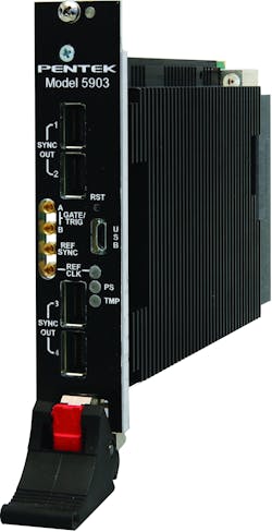 The Pentek model 5903 can synchronize as many as eight RF systems-on-chip (RFSoC) products to support 64 elements of a 5G phased-array communications antenna. The Pentek model 5903 can synchronize as many as eight RF systems-on-chip (RFSoC) products to support 64 elements of a 5G phased-array communications antenna.