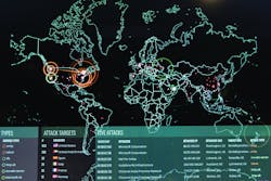 Real-time cyber attacks are displayed on screen at the 275th Cyberspace Squadron’s operations floor in Middle River, Md. Real-time cyber attacks are displayed on screen at the 275th Cyberspace Squadron’s operations floor in Middle River, Md.