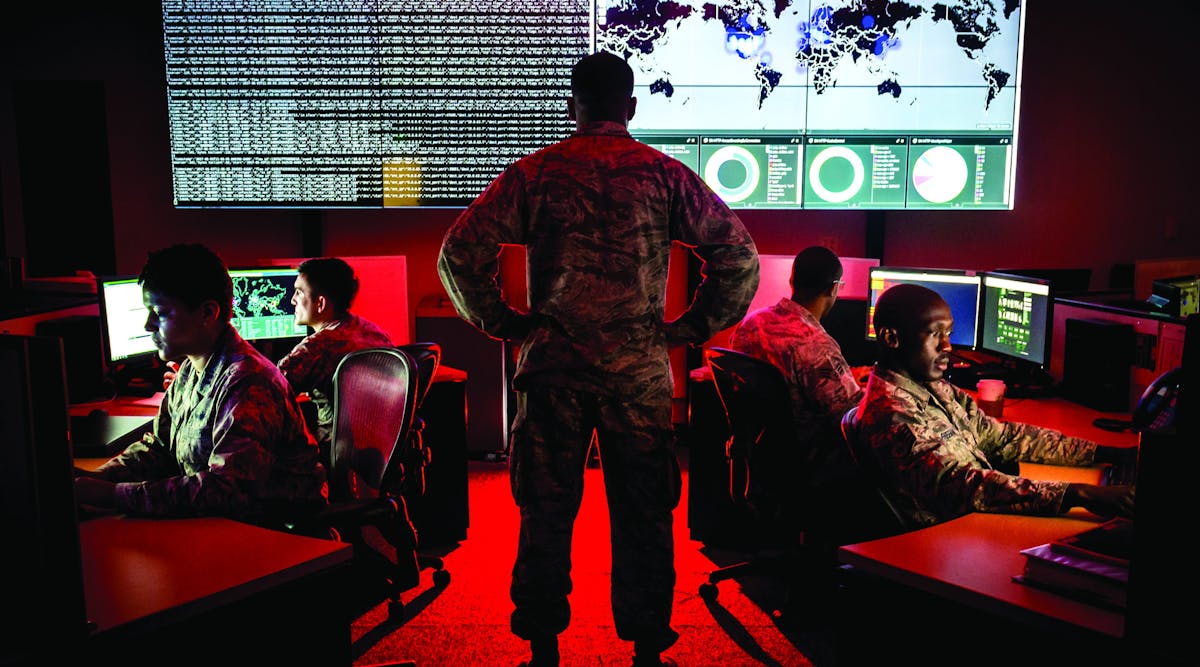 Personnel with the 175th Cyberspace Operations Group conduct cyber operations at Warfield Air National Guard Base in Middle River, Md.