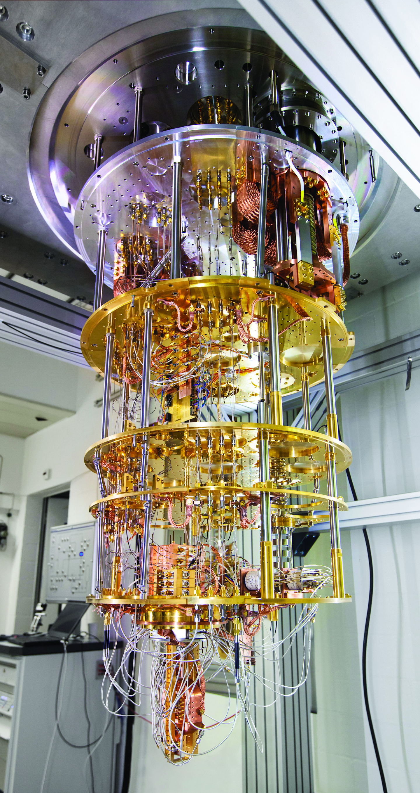 This quantum computer based on superconducting qubits is inserted into a dilution refrigerator and cooled to a temperature less than 1 Kelvin. It was built at IBM Research in Zurich.