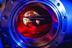 An Air Force Cadet uses a Ludwieg tube, a type of wind tunnel, to measure the pressures, temperatures, and flow fields of basic geometric and hypersonic research vehicles. An Air Force Cadet uses a Ludwieg tube, a type of wind tunnel, to measure the pressures, temperatures, and flow fields of basic geometric and hypersonic research vehicles.