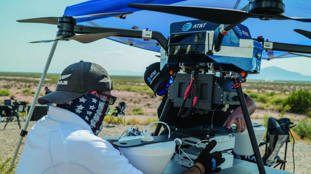 AT&T technicians and civilian contractors assemble a “Cell on Wings” drone to provide 5G connectivity for the Advanced Battle Management Systems Onramp 2 at White Sands Missile Range, N.M.