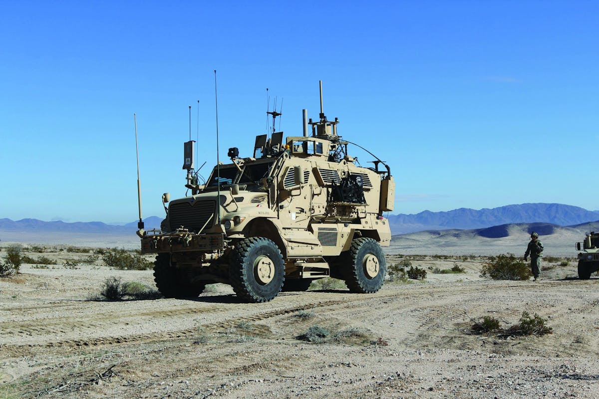 The Army&rsquo;s newest electronic warfare vehicle, center, is tested in conjunction with other electronic warfare equipment at the National Training Center at Fort Irwin, Calif.