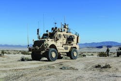 The Army&rsquo;s newest electronic warfare vehicle, center, is tested in conjunction with other electronic warfare equipment at the National Training Center at Fort Irwin, Calif.