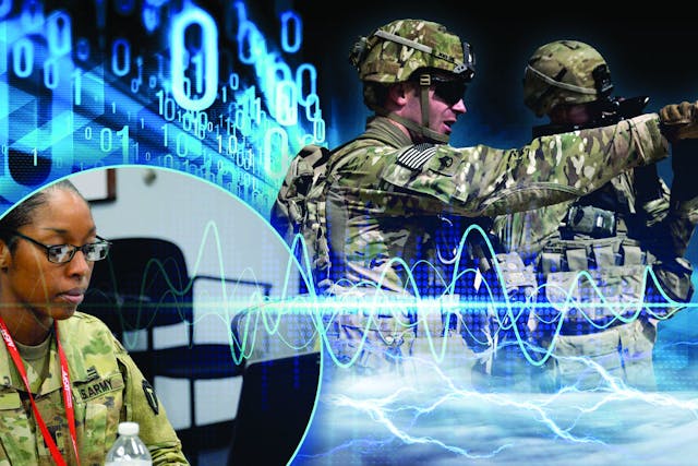 Navy Capt. Sacarra Pusey, foreground, an electronic warfare officer, participates in a cyber event at Aberdeen Proving Ground, Md.