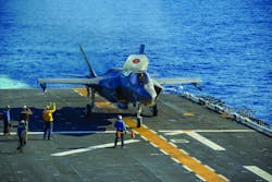 Photo (above): A Marine Corps F-35B Lightening fighter lands aboard the Wasp-class amphibious assault ship Makin Island (LHD-8) in the Indian Ocean. Photo (above): A Marine Corps F-35B Lightening fighter lands aboard the Wasp-class amphibious assault ship Makin Island (LHD-8) in the Indian Ocean.