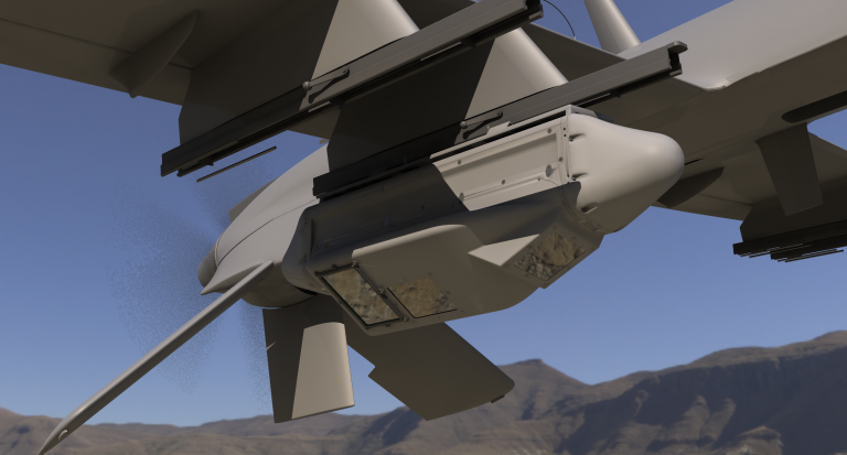 The Multi-Modal Sensor Pod houses a wide-area motion imagery sensor, a wide-area hyperspectral sensor, and a high resolution inspection sensor.