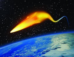 This illustration represents the extremes in heat, shock, and vibration of low-orbit hypersonic flight.