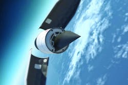 The DARPA Falcon Hypersonic Test Vehicle emerges from its rocket nose cone and prepares to re-enter the Earth’s atmosphere. The DARPA Falcon Hypersonic Test Vehicle emerges from its rocket nose cone and prepares to re-enter the Earth’s atmosphere.