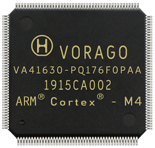 The VORAGO Technologies VA41630 is a radiation-hardened Arm Cortex-M4 microprocessor with floating point unit microcontroller with integrated 256 kilobytes of non-volatile memory NVM with HARDSIL protection from radiation and heat.
