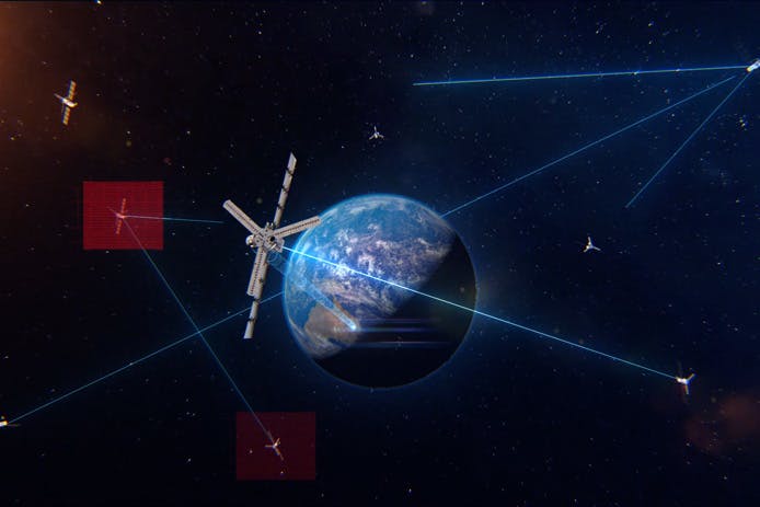 This artist&rsquo;s concept of satellites for the space-based Medium Earth orbit Track Custody Demonstration results from the Space Force May 2021 contract award to Raytheon Intelligence &amp; Space. Raytheon photo.