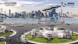 Concept art for an autonomous transport hub including ground and air vehicles. Concept art for an autonomous transport hub including ground and air vehicles.