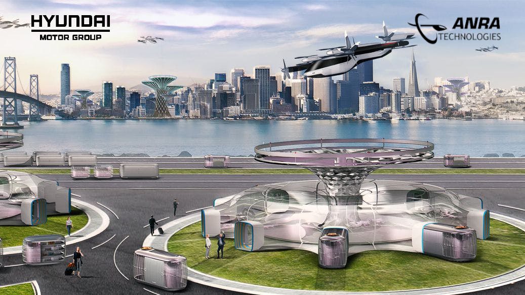 Concept art for an autonomous transport hub including ground and air vehicles.
