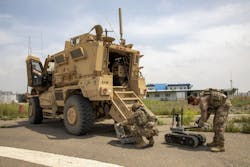 U.S. Army explosive ordinance disposal technicians, setup a remotely controlled robot during a counter-UAV, training exercise at Erbil Air Base in the Kurdistan Region of Iraq, April 24, 2020.