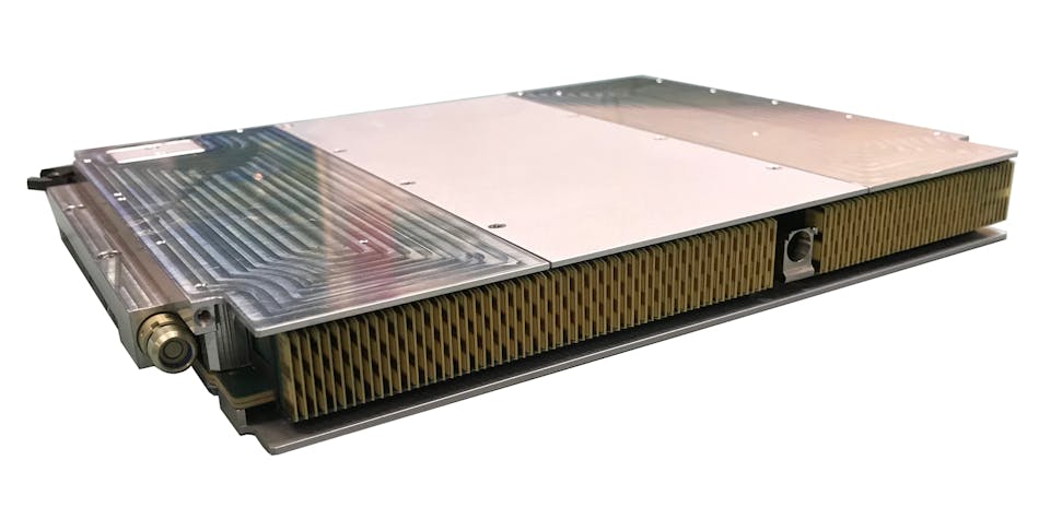 The Curtiss-Wright dual Xeon-based CHAMP-XD2 digital signal processor 6U OpenVPX module is shown in a Liquid-Flow-Through (LFT) configuration.