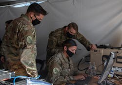 Airmen monitor battlespace movements at a simulated austere base during the Advanced Battle Management System exercise at Nellis Air Force Base, Nev. Airmen monitor battlespace movements at a simulated austere base during the Advanced Battle Management System exercise at Nellis Air Force Base, Nev.