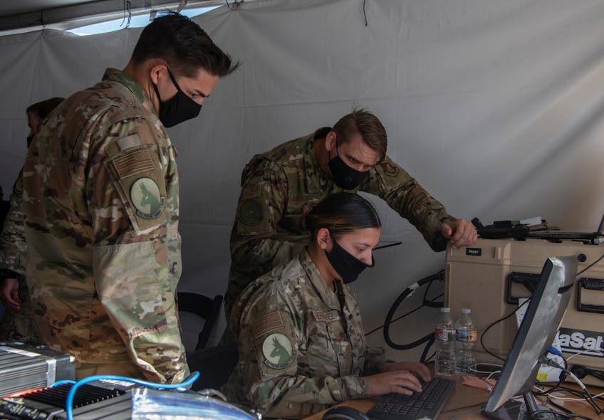Airmen monitor battlespace movements at a simulated austere base during the Advanced Battle Management System exercise at Nellis Air Force Base, Nev.