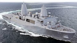 The Navy extended production of the San Antonio-class amphibious transport dock, and will build a lower-cost flight-two variant. Shown is the USS Portland (LPD 27) conducting sea trials in the Gulf of Mexico.
