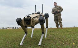 Master Sgt. Krystoffer Miller, 325th Security Forces Squadron operations support superintendent, operates a Quad-legged Unmanned Ground Vehicle at Tyndall Air Force Base, Fla.