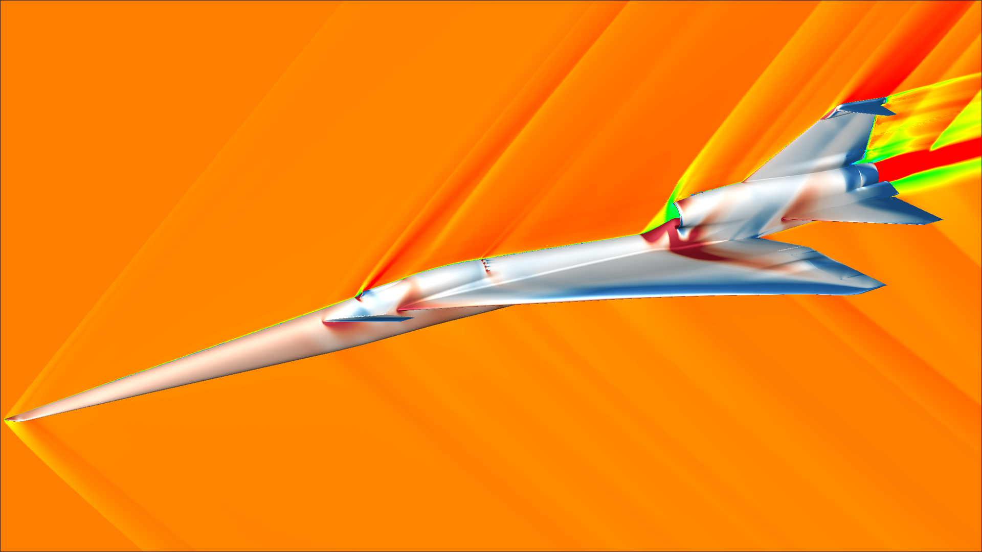 This image captures a moment from a computational fluid dynamics simulation of the X-59 aircraft concept during supersonic flight. Visualizations like this help researchers determine which surface features of the aircraft are generating shockwaves, which contribute to the sonic boom noise below the aircraft. The colors shown on the aircraft indicate surface pressure, with lower pressures in blue and higher pressures in red. The colors shown in the airspace surrounding the aircraft indicate airflow velocity, ranging from blue, indicating zero velocity to higher velocities in red. All X-59 simulations completed by the team at NASA&rsquo;s Ames Research Center in California&rsquo;s Silicon Valley have been performed on the Pleiades supercomputer at the NASA Advanced Supercomputing facility.