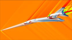 This image captures a moment from a computational fluid dynamics simulation of the X-59 aircraft concept during supersonic flight. Visualizations like this help researchers determine which surface features of the aircraft are generating shockwaves, which contribute to the sonic boom noise below the aircraft. The colors shown on the aircraft indicate surface pressure, with lower pressures in blue and higher pressures in red. The colors shown in the airspace surrounding the aircraft indicate airflow velocity, ranging from blue, indicating zero velocity to higher velocities in red. All X-59 simulations completed by the team at NASA’s Ames Research Center in California’s Silicon Valley have been performed on the Pleiades supercomputer at the NASA Advanced Supercomputing facility. This image captures a moment from a computational fluid dynamics simulation of the X-59 aircraft concept during supersonic flight. Visualizations like this help researchers determine which surface features of the aircraft are generating shockwaves, which contribute to the sonic boom noise below the aircraft. The colors shown on the aircraft indicate surface pressure, with lower pressures in blue and higher pressures in red. The colors shown in the airspace surrounding the aircraft indicate airflow velocity, ranging from blue, indicating zero velocity to higher velocities in red. All X-59 simulations completed by the team at NASA’s Ames Research Center in California’s Silicon Valley have been performed on the Pleiades supercomputer at the NASA Advanced Supercomputing facility.