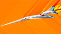 This image captures a moment from a computational fluid dynamics simulation of the X-59 aircraft concept during supersonic flight. Visualizations like this help researchers determine which surface features of the aircraft are generating shockwaves, which contribute to the sonic boom noise below the aircraft. The colors shown on the aircraft indicate surface pressure, with lower pressures in blue and higher pressures in red. The colors shown in the airspace surrounding the aircraft indicate airflow velocity, ranging from blue, indicating zero velocity to higher velocities in red. All X-59 simulations completed by the team at NASA&rsquo;s Ames Research Center in California&rsquo;s Silicon Valley have been performed on the Pleiades supercomputer at the NASA Advanced Supercomputing facility.