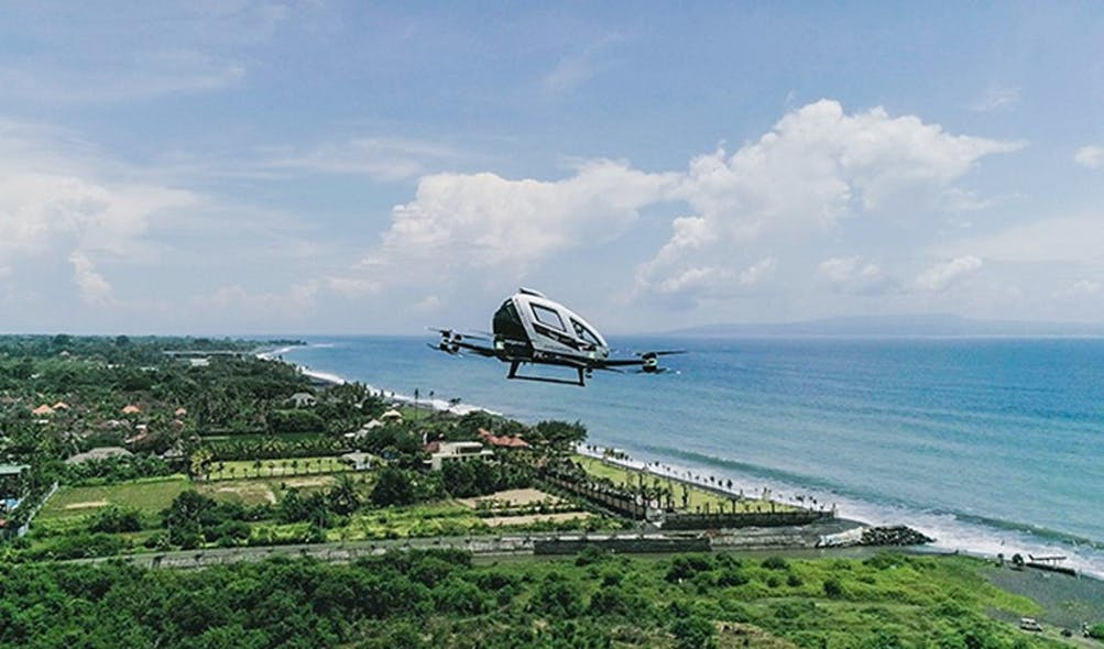 The EHang 216 takes part in an autonomous flight over the island of Bali in Indonesia in 2021.